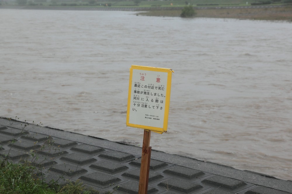 大雨後の増水した多摩川と注意喚起