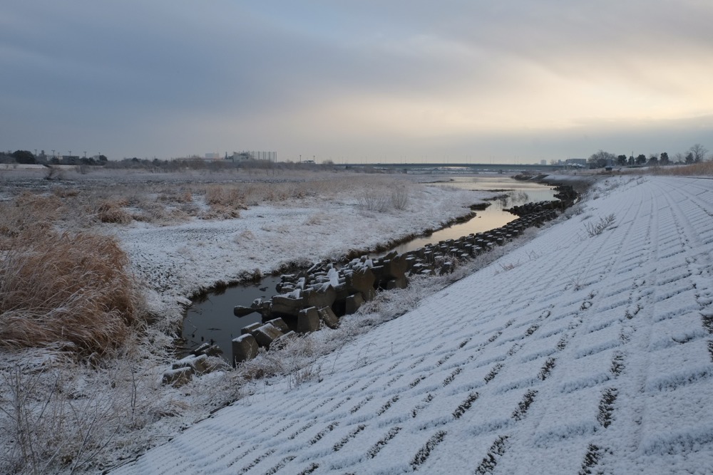 雪が積もった翌日の多摩川の土手