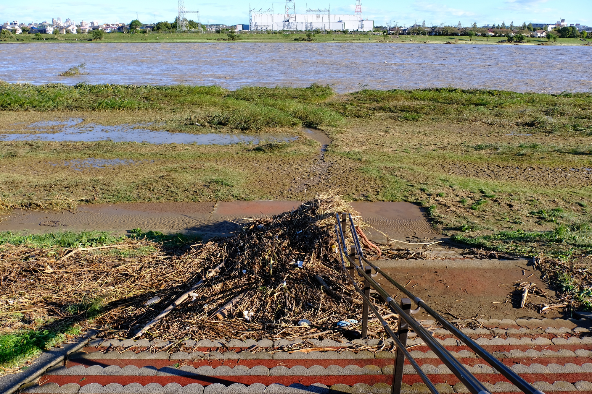 大雨で増水し、水位が堤防ギリギリまで来た跡